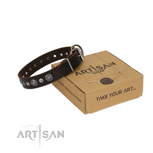 Finest quality full grain natural leather dog collar with exquisite embellishments