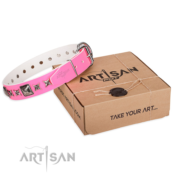 Comfy wearing full grain leather dog collar with embellishments