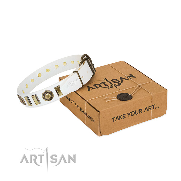 Strong full grain natural leather dog collar with durable hardware