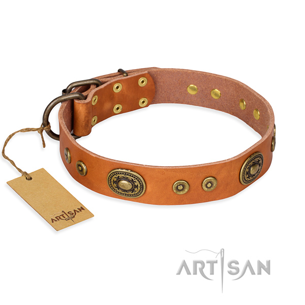 Genuine leather dog collar made of soft to touch material with rust-proof D-ring