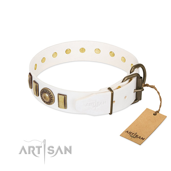 Decorated leather dog collar with durable D-ring