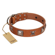 "Amorous Escapade" Embellished FDT Artisan Tan Leather Bullmastiff Collar with Chrome Plated Crossbones and Plates