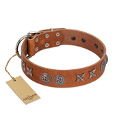 "Brave Spirit" Handmade FDT Artisan Designer Tan Leather Bullmastiff Collar with Shields