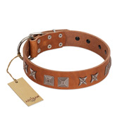 "Antique Figures" FDT Artisan Tan Leather Bullmastiff Collar with Silver-like Engraved Plates