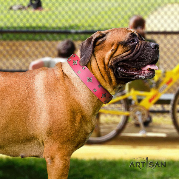 Bullmastiff stylish genuine leather dog collar with decorations for walking