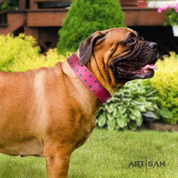 Bullmastiff comfortable natural genuine leather collar with decorations for your canine