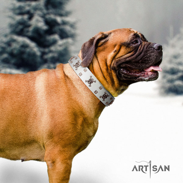 Bullmastiff leather dog collar with adornments for your handsome dog