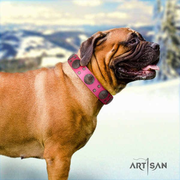 Bullmastiff top quality natural genuine leather collar with decorations for your dog