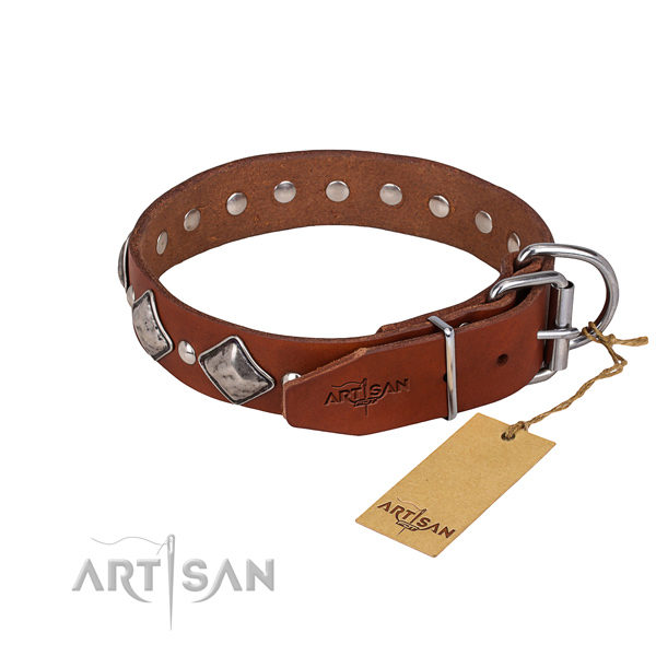 Strong leather dog collar with chrome plated hardware