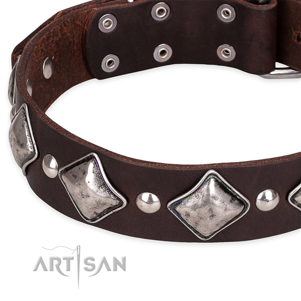 Adjustable leather dog collar with resistant to tear and wear durable buckle and D-ring