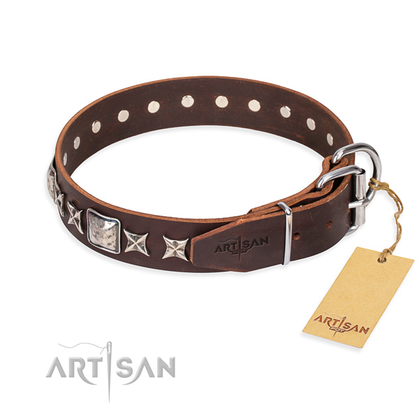 Handy use full grain natural leather collar with decorations for your pet