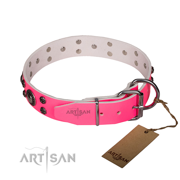 Daily walking natural genuine leather collar with rust-proof buckle and D-ring
