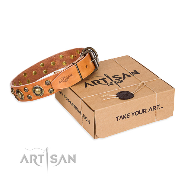 Natural genuine leather dog collar with decorations for everyday walking