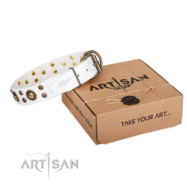 Genuine leather dog collar with decorations for handy use