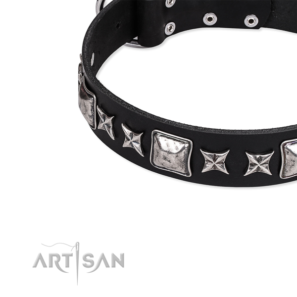 Natural genuine leather dog collar with adornments for comfortable wearing