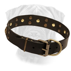 Decorated Leather Bullmastiff Collar with Brass Buckle