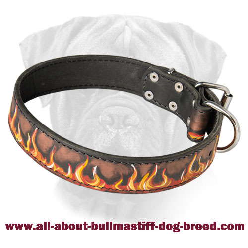 Fantastic Hand-Painted Super Durable Stylish Leather Bullmastiff Collar with Bright Flames