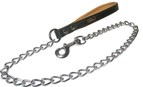 Quality dog leash with leather handle and Herm Sprenger chain and snap hook for Bullmastiff