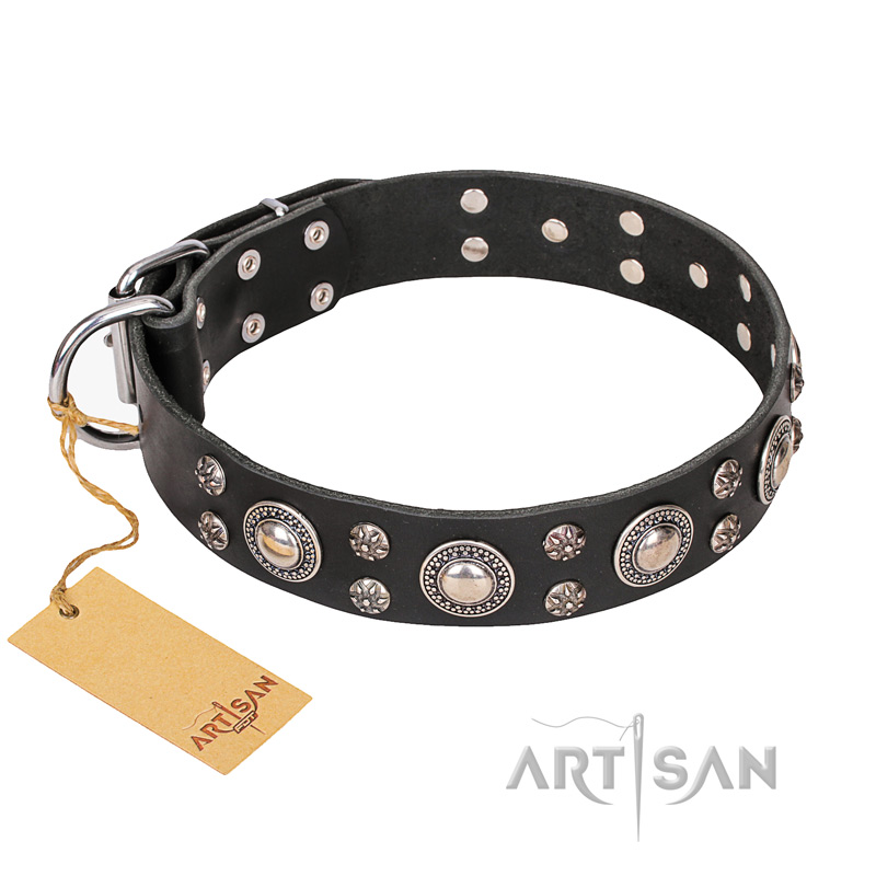 FDT Artisan 'Vintage Necklace' Studded Black Leather Bullmastiff Dog Collar - 1 1/2 inch (40mm) wide