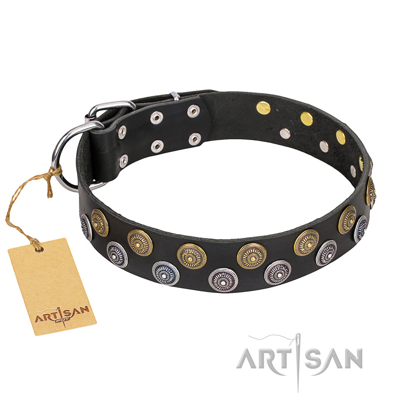 "Romantic Breeze" FDT Artisan Black Leather Bullmastiff Collar - 1 1/2 inch (40 mm) wide