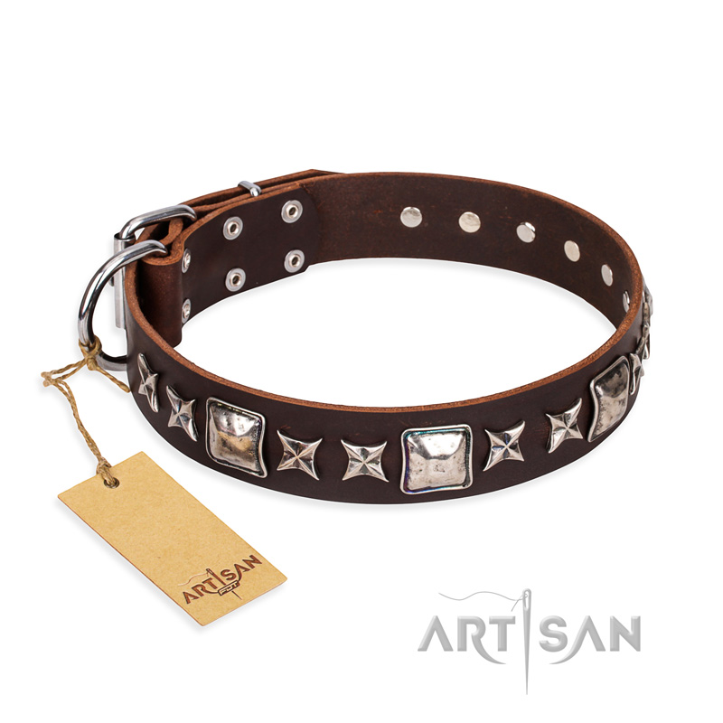 "Perfect Impression" FDT Artisan Brown Leather Bullmastiff Collar with Square Studs - 1 1/2 inch (40 mm) Wide