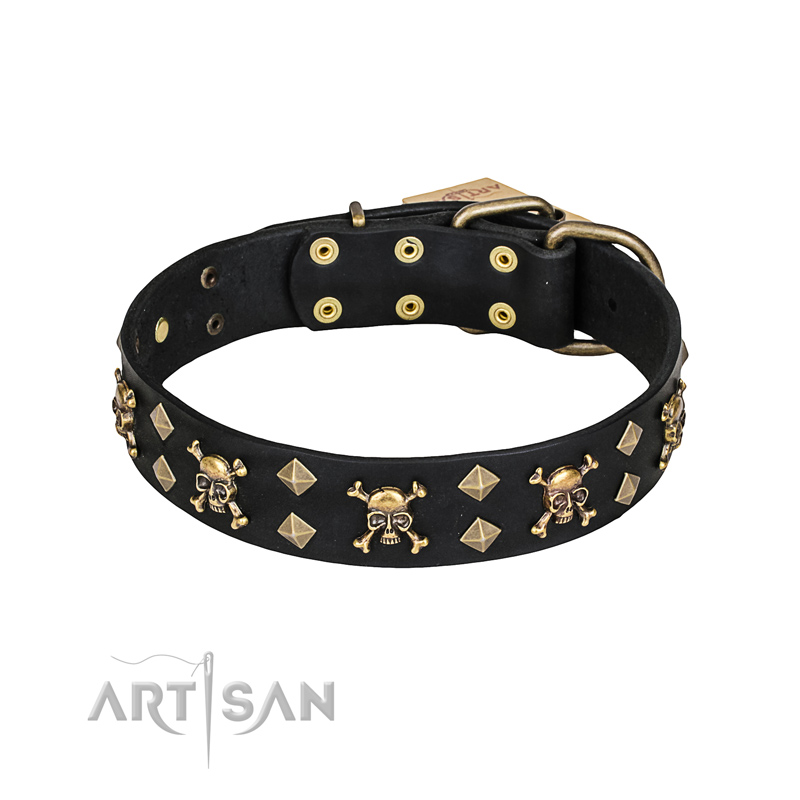 'Jolly Rojer' FDT Artisan Bullmastiff Leather Dog Collar with Pirate Skulls and Studs