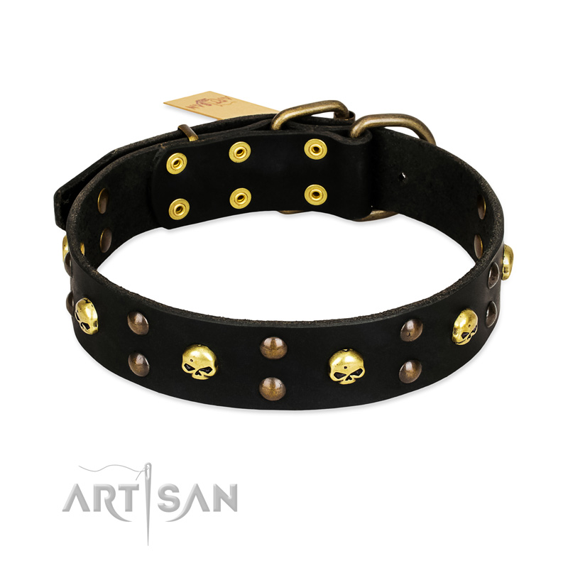 FDT Artisan 'Heavy Metal' Leather Bullmastiff Collar with Skulls and Studs 1 1/2 inch (40 mm)