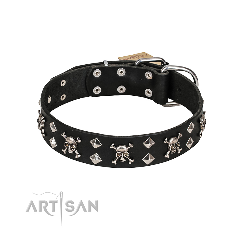 FDT Artisan 'Rock 'n' Roll Style' Leather Bullmastiff Collar with Skulls, Bones and Studs 1 1/2 inch (40 mm) wide