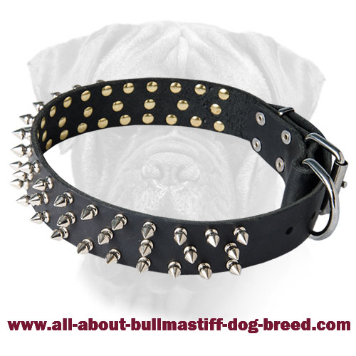 High-quality Leather Dog Collar with Rows of Spikes for Bullmastiff
