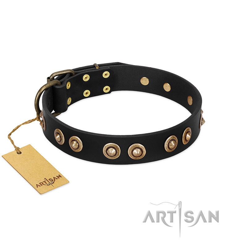 "Golden Artifact" FDT Artisan Black Leather Bullmastiff Collar with Old-bronze Covered Medallions
