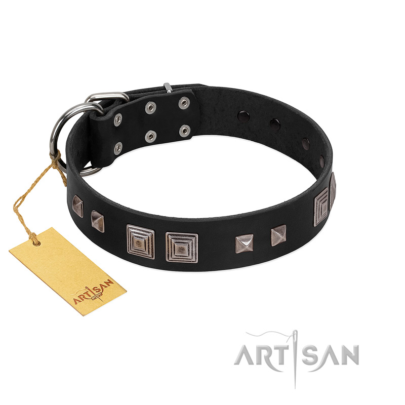 "Foregone Riches" FDT Artisan Black Leather Bullmastiff Collar with Old Silver-like Square Studs and Pyramids