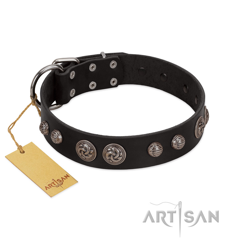 "Tricky Ricky" FDT Artisan Black Leather Bullmastiff Collar Adorned with Silver-Like Conchos
