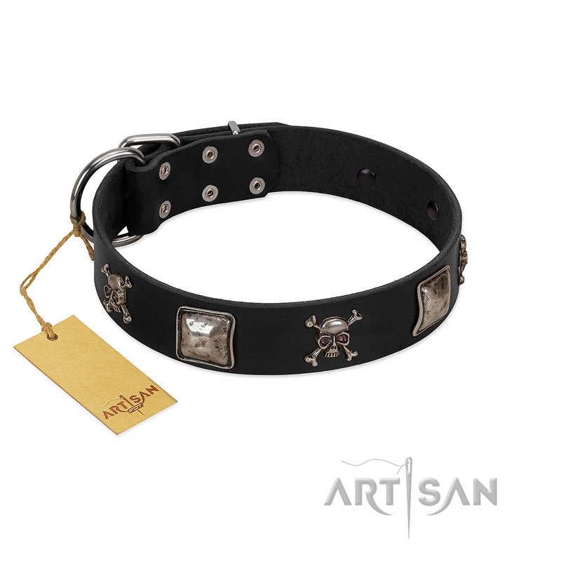 "Sea Rover" Embellished FDT Artisan Black Leather Bullmastiff Collar with Chrome Plated Crossbones and Plates