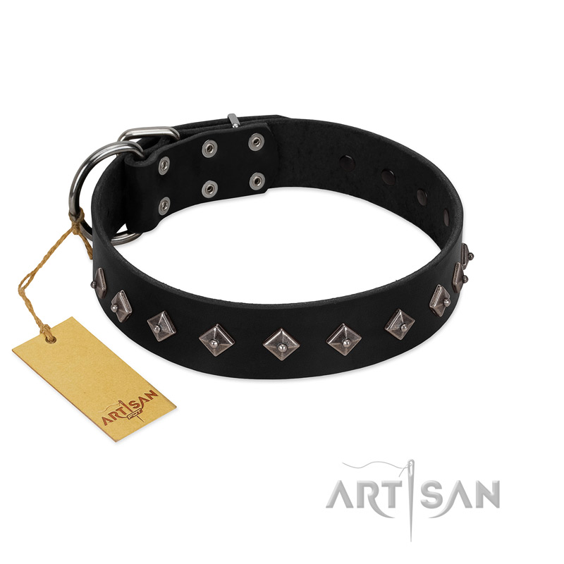 "Immense Power" Handcrafted FDT Artisan Black Leather Bullmastiff Collar with Small Dotted Pyramids