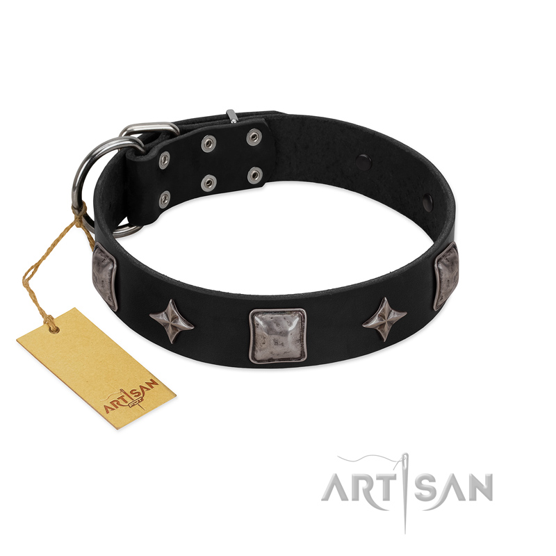 "Black Cavalier" Handmade FDT Artisan Black Leather Bullmastiff Collar with Silver-Like Stars and Large Plates