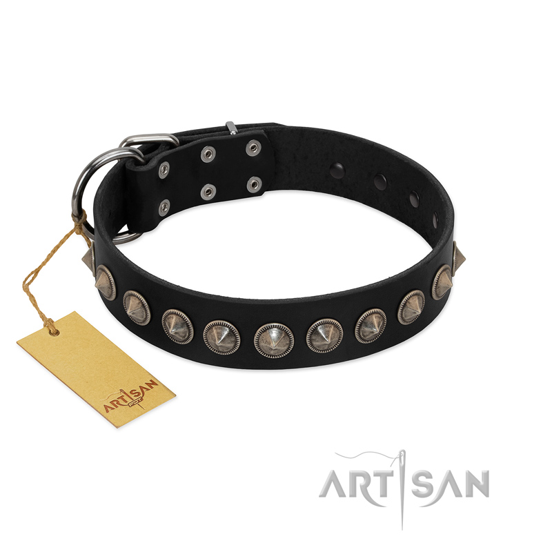 "Black Eagle" Handcrafted FDT Artisan Black Leather Bullmastiff Collar with Silver-Like Adornments