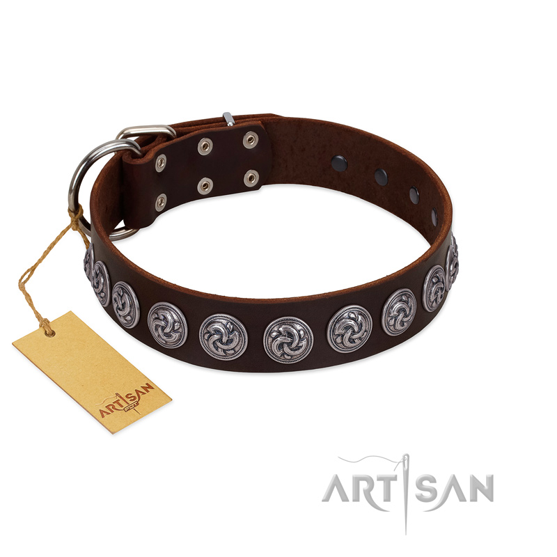 "Charming Circles" FDT Artisan Brown Leather Bullmastiff Collar with Silver-like Studs