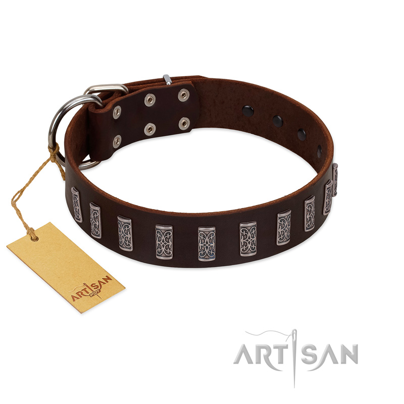 "Brown Lace" Handmade FDT Artisan Brown Leather Bullmastiff Collar for Everyday Walks