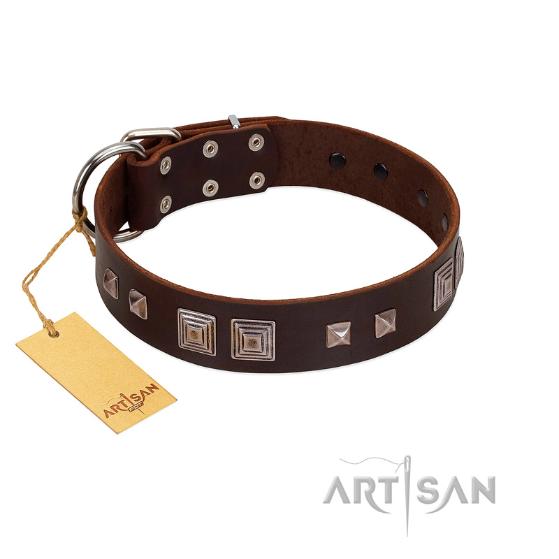 "Object of Virtu" FDT Artisan Brown Leather Bullmastiff Collar with Old Silver-like Square Studs and Pyramids