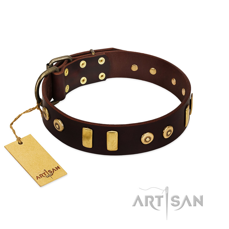 "Lord of Dogs" FDT Artisan Brown Leather Bullmastiff Collar with Old Bronze-like Dotted Studs and Tiles