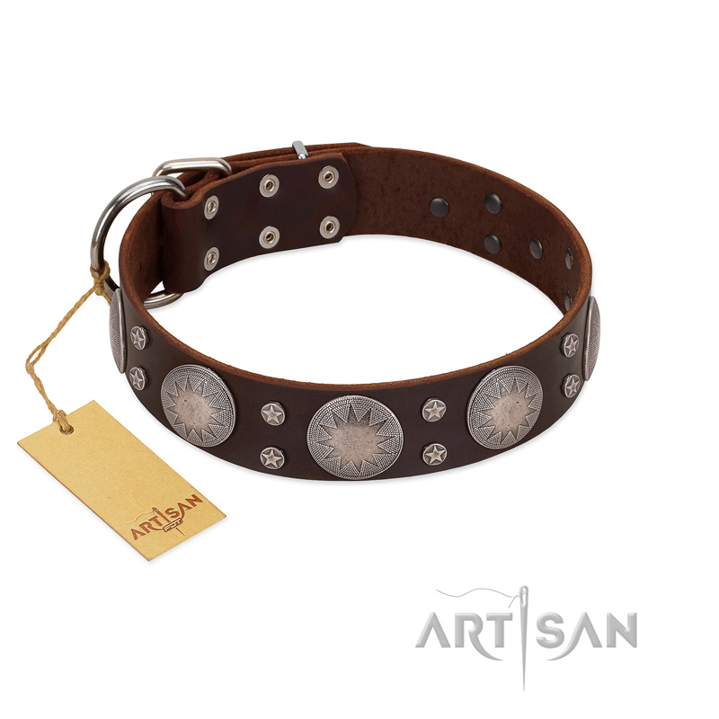"Imperial Legate" FDT Artisan Brown Leather Bullmastiff Collar with Big Round Plates