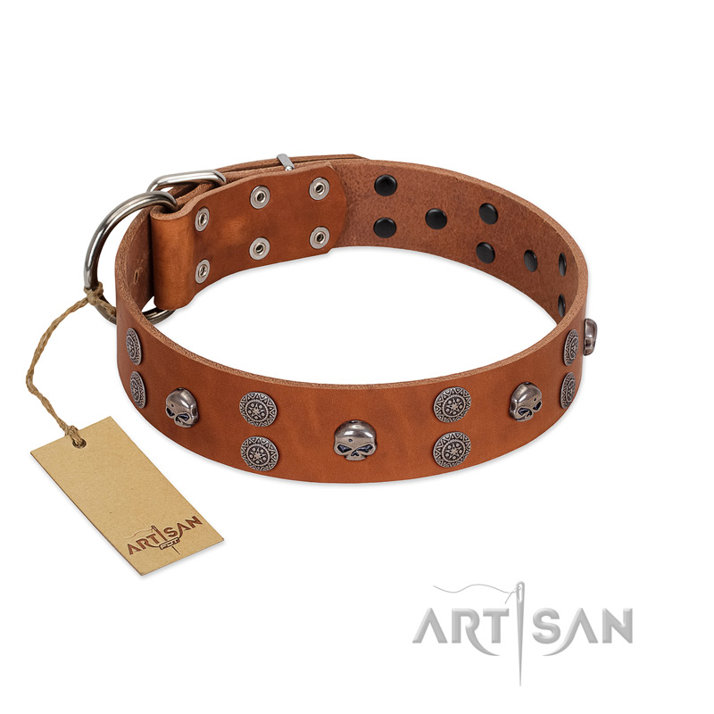 "Road Rider" FDT Artisan Tan Leather Bullmastiff Collar with Old Silver-like Skulls and Medallions