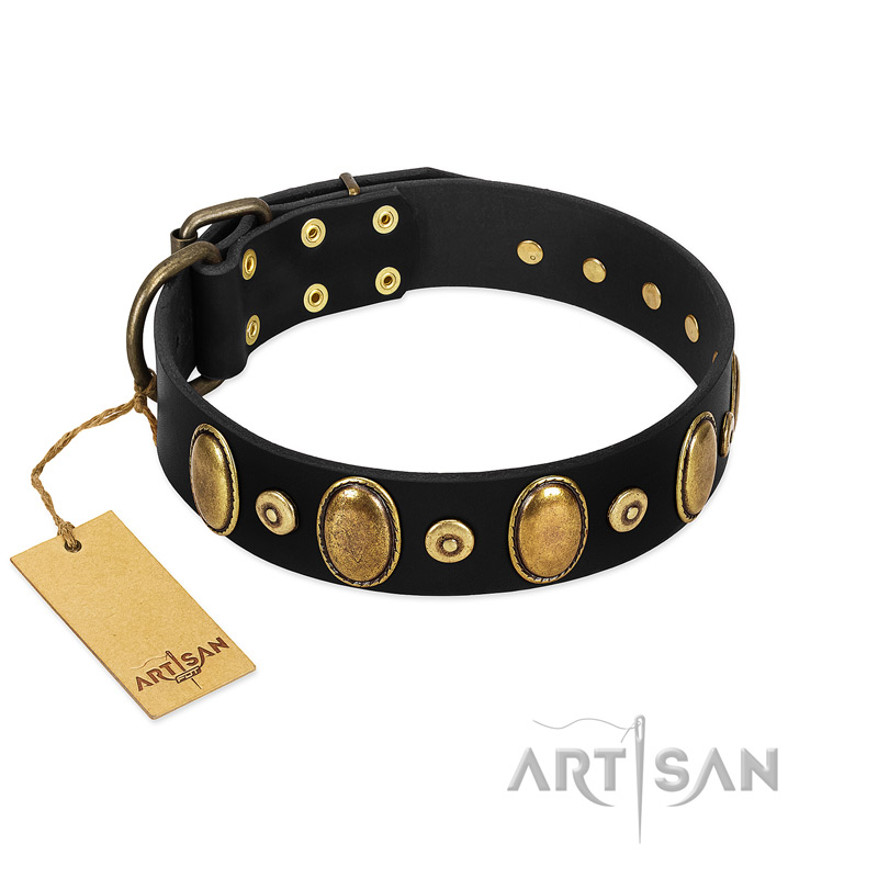 "Venerable Pawty" FDT Artisan Black Leather Bullmastiff Collar with Old Bronze-like Ovals and Studs