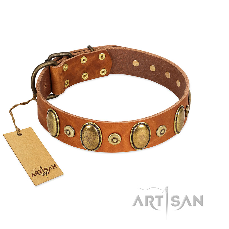 "Crystal Sand" FDT Artisan Tan Leather Bullmastiff Collar with Vintage Looking Oval and Round Studs