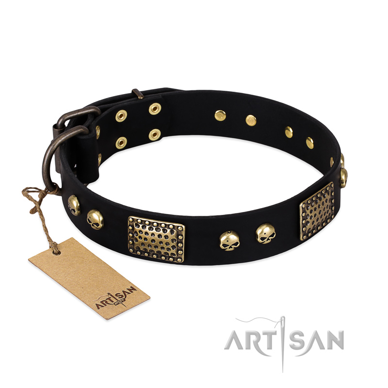"Biker Style" FDT Artisan Black Leather Bullmastiff Collar with Old Bronze Look Plates and Skulls
