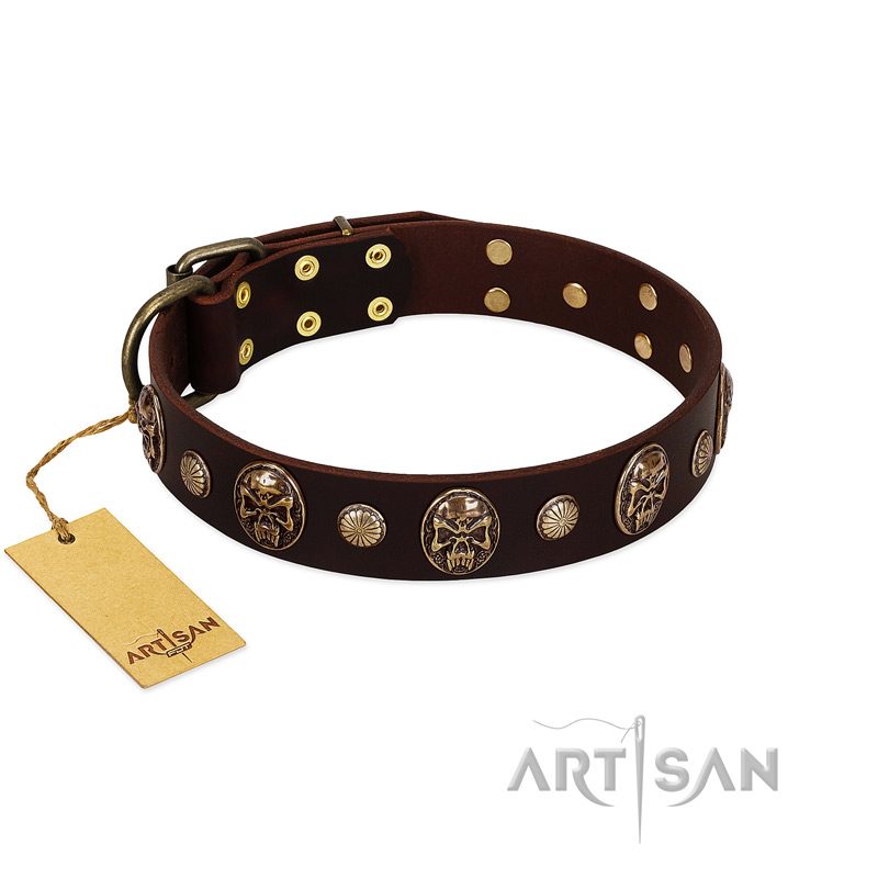 "Snazzy Paws" FDT Artisan Brown Leather Bullmastiff Collar Adorned with Conchos and Medallions