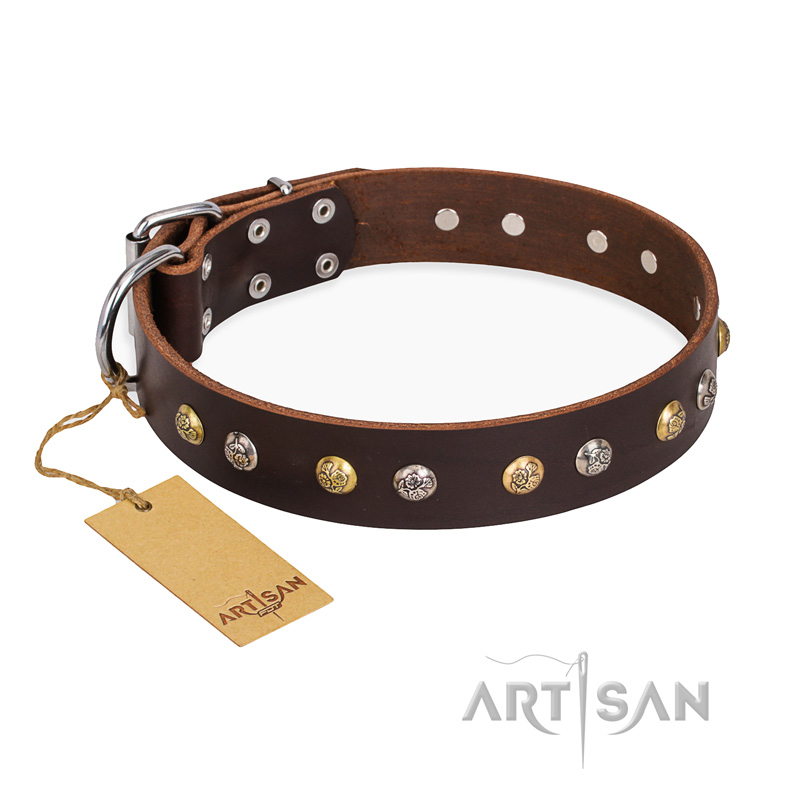 "Rare Flower" FDT Artisan Brown Leather Bullmastiff Collar Adorned with Old-look Hemisphere Studs