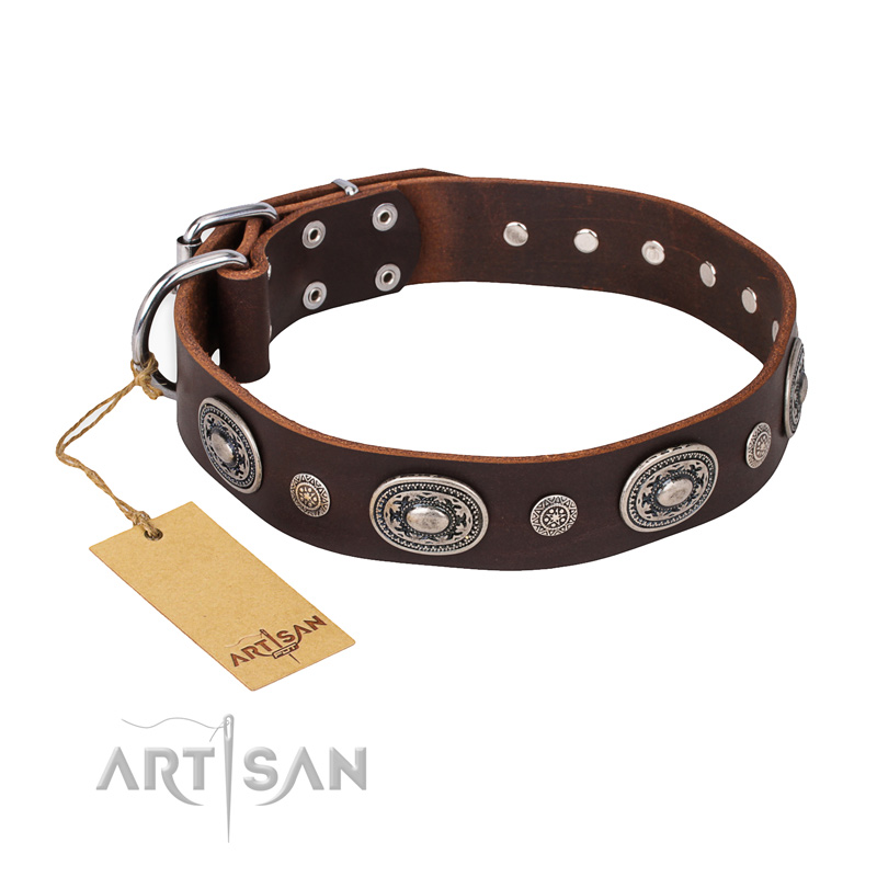 "Extra Pizzazz" FDT Artisan Adorned Brown Leather Bullmastiff Collar - Click Image to Close