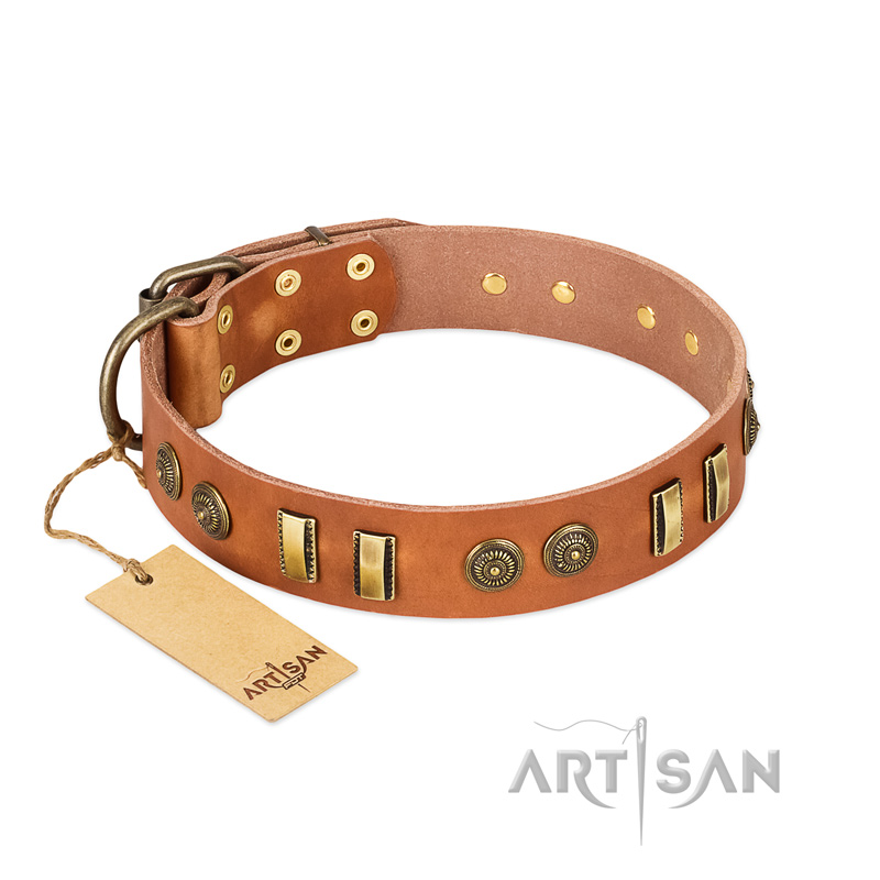 "Natural Beauty" FDT Artisan Tan Leather Bullmastiff Collar with Old Bronze-like Circles and Plates