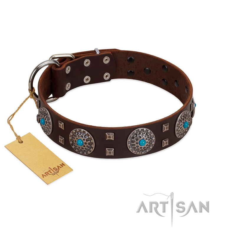 "Hypnotic Stones" FDT Artisan Brown Leather Bullmastiff Collar with Chrome Plated Brooches and Square Studs